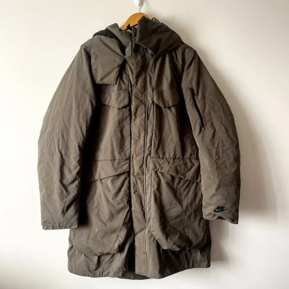Nike Sportswear Tech Pack Down Fill Hooded Parka Jacket Coat Grey Green Sz Large - Picture 3 of 9